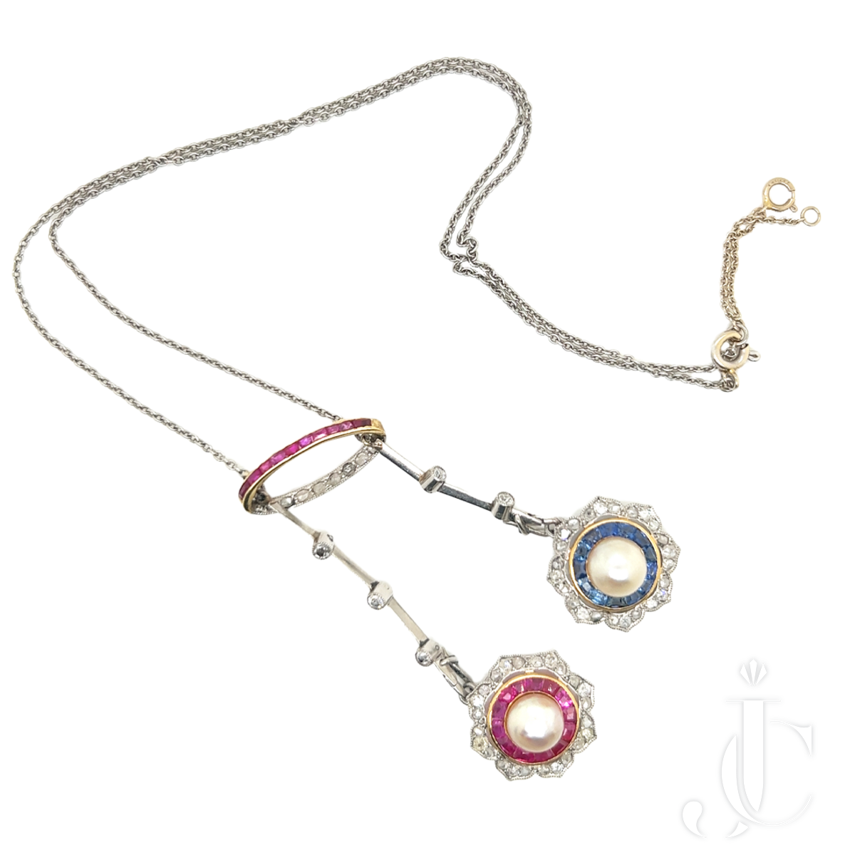 Edwardian platinum pearl, ruby, sapphire and diamond pendant