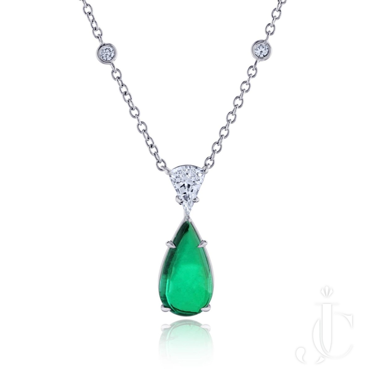 3.89 carat Cabochon Green Emerald and Diamond Platinum Pendant