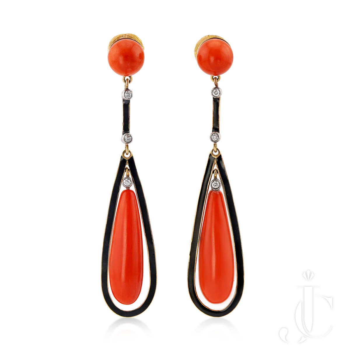 Antique Coral Enamel Diamond Pendant Earrings