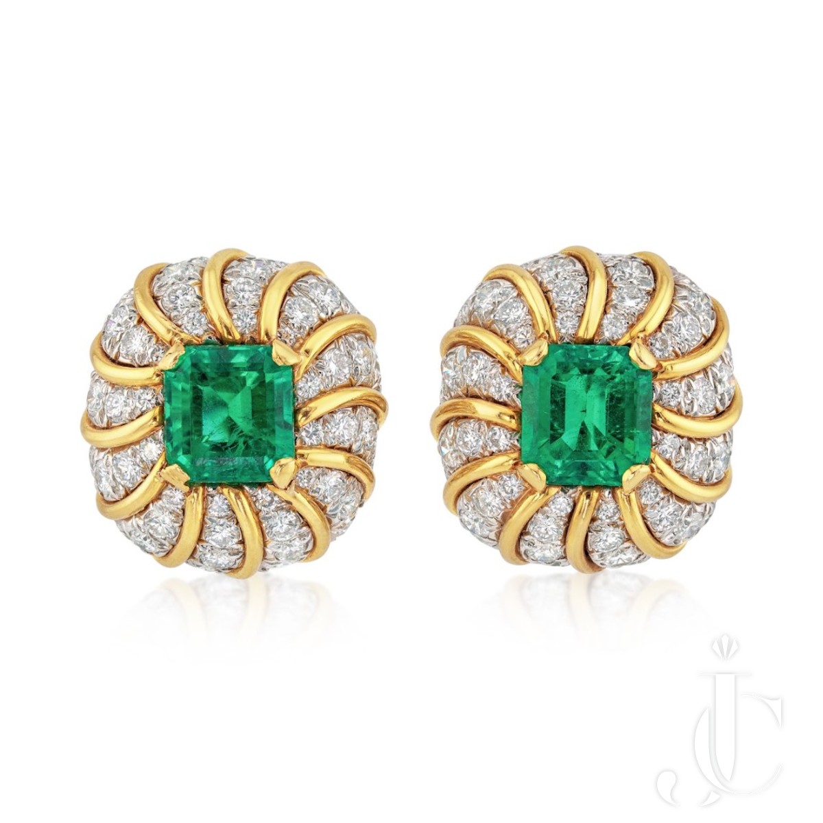 Verdura: A Pair of Platinum, 18k Gold, Diamond, and Colombian Emerald Earclips