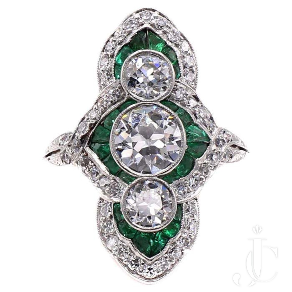 Art Deco Diamond Emerald Platinum Ring