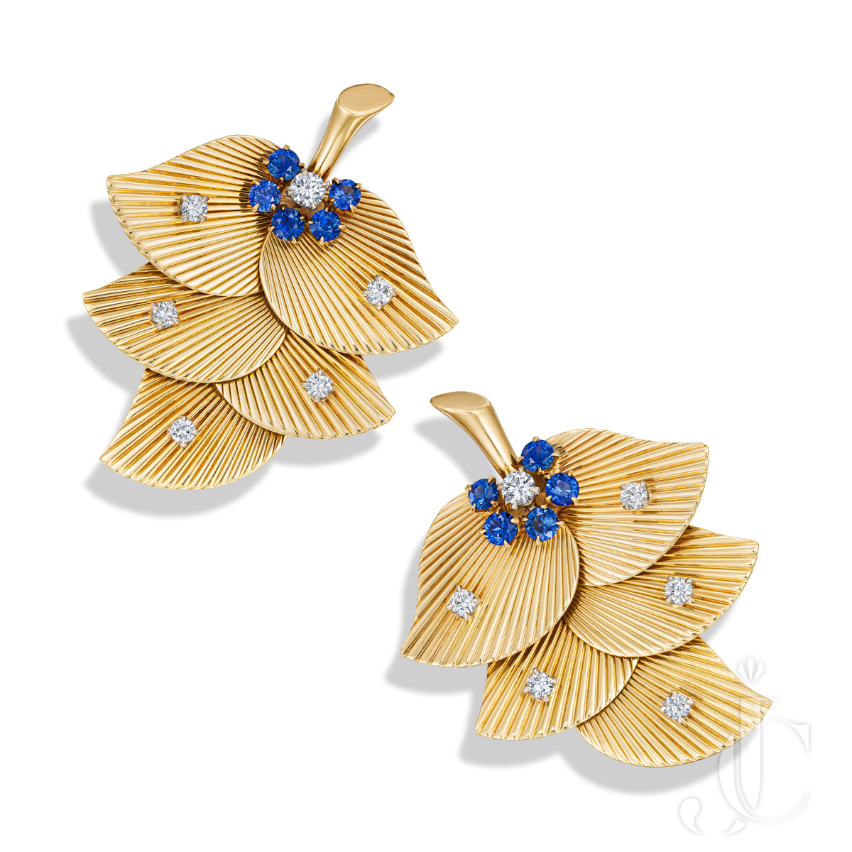 Raymond Yard Gold Sapphire Diamond Floral Clip Pins