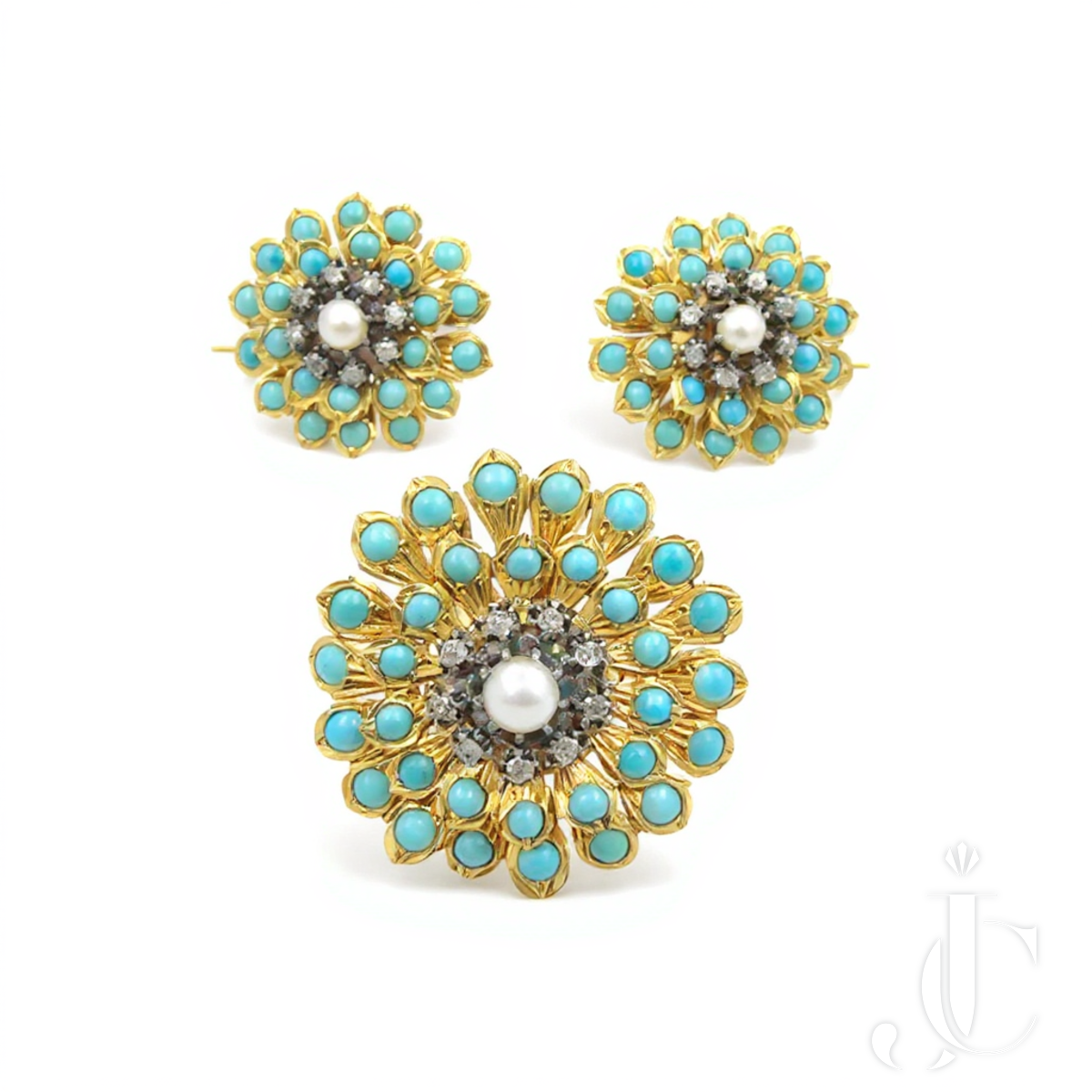 Antique 19th century Turquoise, Diamond, and Pearl Floral Brooch and Earrings Set