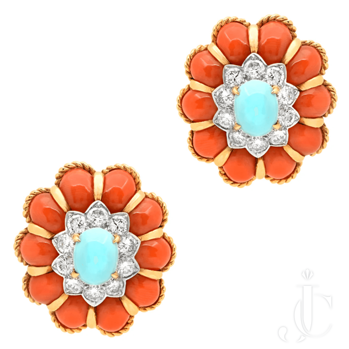 18k Coral and Turquoise Stud Earrings
