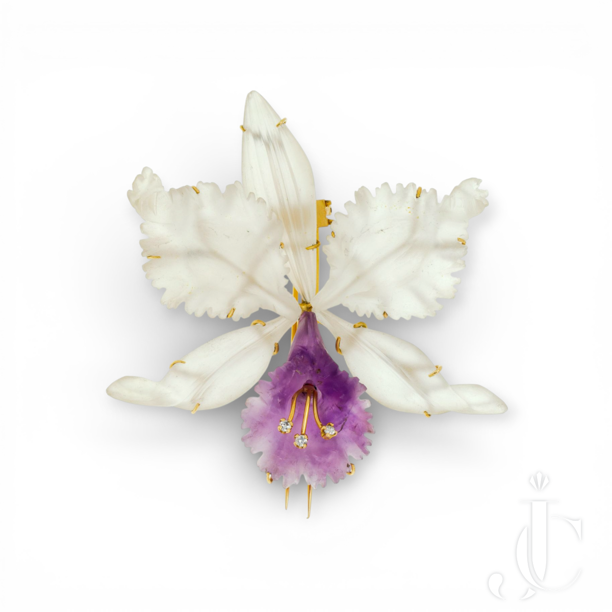 Mid Century Orchid Brooch with Rock Crystal, Amethyst, and Diamonds, Austrian