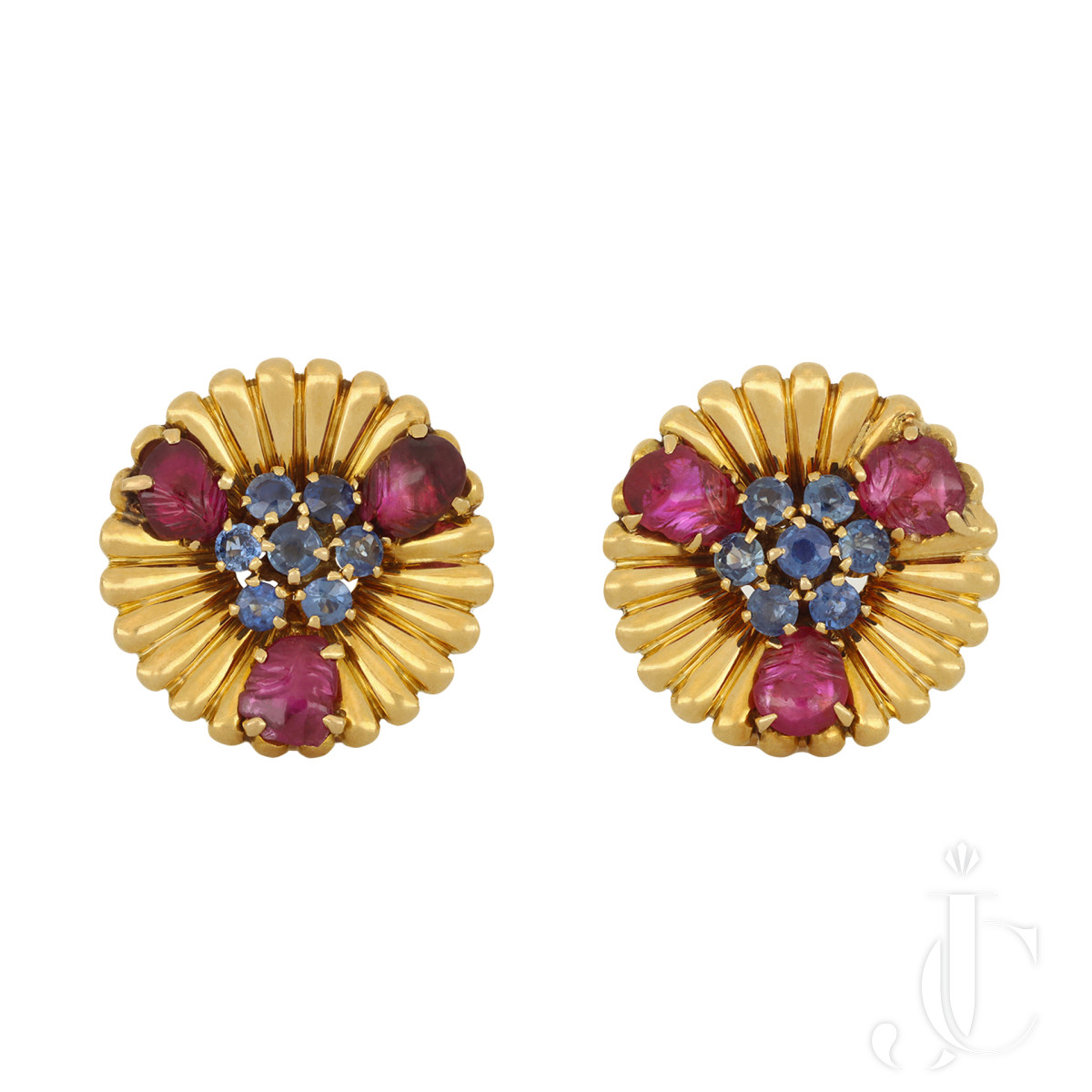Mellerio sapphire and ruby earrings, French, circa 1940